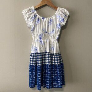Handmade Children's Cotton Viscose White Blue Floral Multi Pattern Dress
